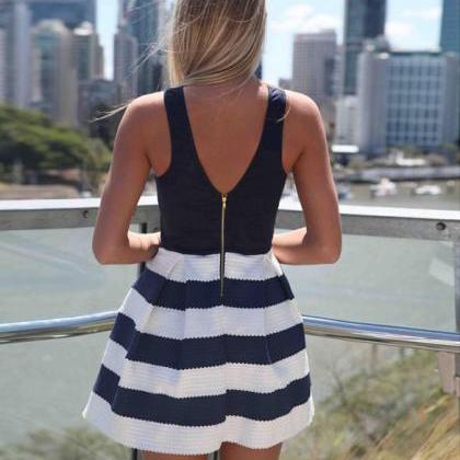 Navy Blue Pleated Striped Bottom A-line Dress