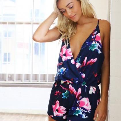 Sexy Open Back Floral Print Blue Floral Print..
