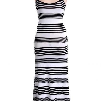 Black And White Striped Full Length Open Back Maxi Dress on Luulla