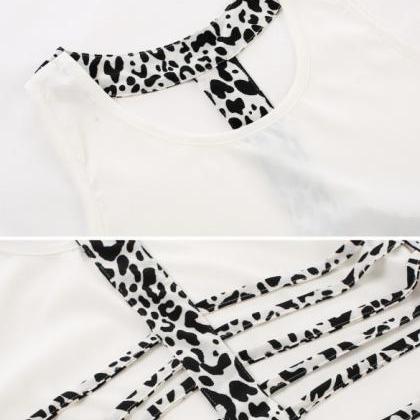 Two-piece Hollow Out Back Black And White Leopard..