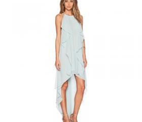 Irregular ruffled printed chiffon dress