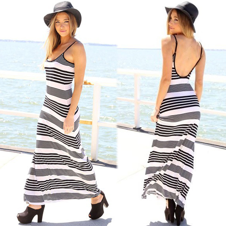 Black And White Striped Full Length Open Back Maxi Dress